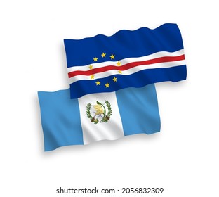 National vector fabric wave flags of Republic of Cabo Verde and Republic of Guatemala isolated on white background. 1 to 2 proportion.