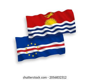 National vector fabric wave flags of Republic of Cabo Verde and Republic of Kiribati isolated on white background. 1 to 2 proportion.