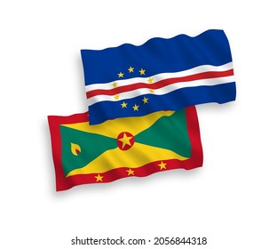 National vector fabric wave flags of Republic of Cabo Verde and Grenada isolated on white background. 1 to 2 proportion.