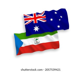 National vector fabric wave flags of Australia and Republic of Equatorial Guinea isolated on white background. 1 to 2 proportion.