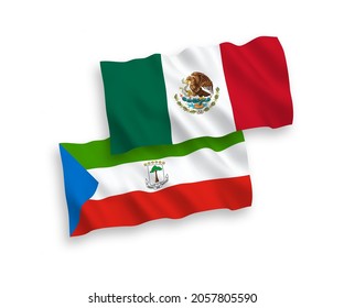 National vector fabric wave flags of Mexico and Republic of Equatorial Guinea isolated on white background. 1 to 2 proportion.