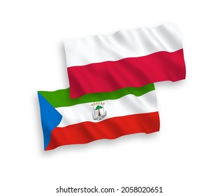 National vector fabric wave flags of Republic of Equatorial Guinea and Poland isolated on white background. 1 to 2 proportion.
