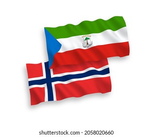 National vector fabric wave flags of Norway and Republic of Equatorial Guinea isolated on white background. 1 to 2 proportion.
