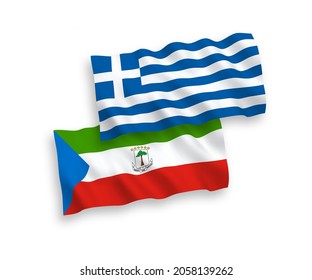 National vector fabric wave flags of Greece and Republic of Equatorial Guinea isolated on white background. 1 to 2 proportion.