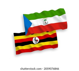 Nationale Vektor-Wellen-Flaggen der Republik Äquatorialguinea und Uganda einzeln auf weißem Hintergrund. 1 bis 2 %.