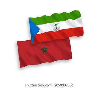 National vector fabric wave flags of Republic of Equatorial Guinea and Morocco isolated on white background. 1 to 2 proportion.