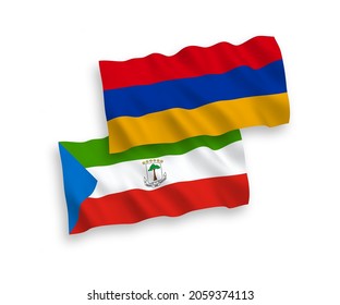 National vector fabric wave flags of Republic of Equatorial Guinea and Armenia isolated on white background. 1 to 2 proportion.