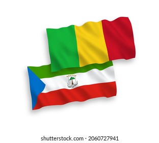 National vector fabric wave flags of Republic of Equatorial Guinea and Mali isolated on white background. 1 to 2 proportion.