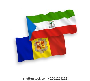 National vector fabric wave flags of Republic of Equatorial Guinea and Andorra isolated on white background. 1 to 2 proportion.
