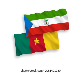 National vector fabric wave flags of Republic of Equatorial Guinea and Cameroon isolated on white background. 1 to 2 proportion.
