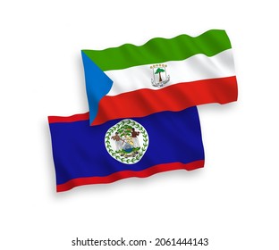 National vector fabric wave flags of Republic of Equatorial Guinea and Belize isolated on white background. 1 to 2 proportion.
