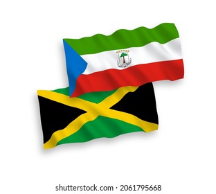 National vector fabric wave flags of Republic of Equatorial Guinea and Jamaica isolated on white background. 1 to 2 proportion.