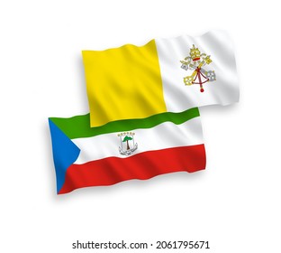 National vector fabric wave flags of Republic of Equatorial Guinea and Vatican isolated on white background. 1 to 2 proportion.