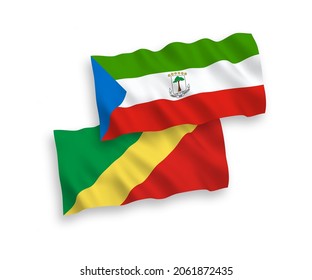 National vector fabric wave flags of Republic of Equatorial Guinea and Republic of the Congo isolated on white background. 1 to 2 proportion.