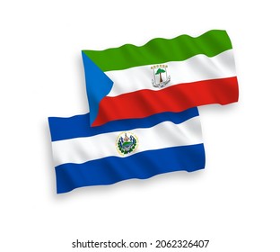 National vector fabric wave flags of Republic of Equatorial Guinea and Republic of El Salvador isolated on white background. 1 to 2 proportion.