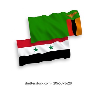 National vector fabric wave flags of Republic of Zambia and Syria isolated on white background. 1 to 2 proportion.