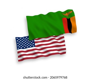 National vector fabric wave flags of Republic of Zambia and USA isolated on white background. 1 to 2 proportion.