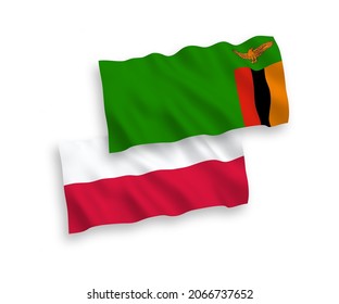 National vector fabric wave flags of Republic of Zambia and Poland isolated on white background. 1 to 2 proportion.