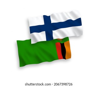 National vector fabric wave flags of Finland and Republic of Zambia isolated on white background. 1 to 2 proportion.