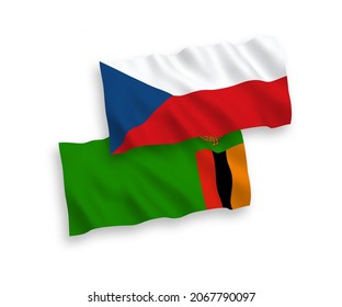 National vector fabric wave flags of Czech Republic and Republic of Zambia isolated on white background. 1 to 2 proportion.