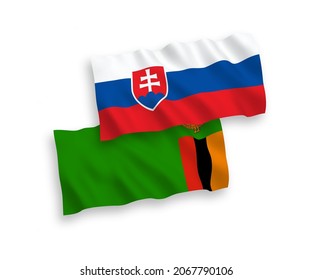 National vector fabric wave flags of Slovakia and Republic of Zambia isolated on white background. 1 to 2 proportion.
