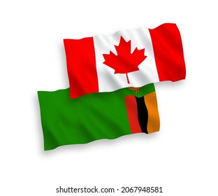 National vector fabric wave flags of Canada and Republic of Zambia isolated on white background. 1 to 2 proportion.
