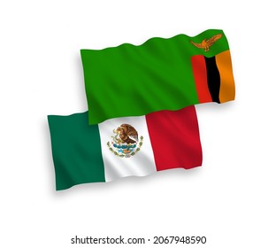 National vector fabric wave flags of Mexico and Republic of Zambia isolated on white background. 1 to 2 proportion.