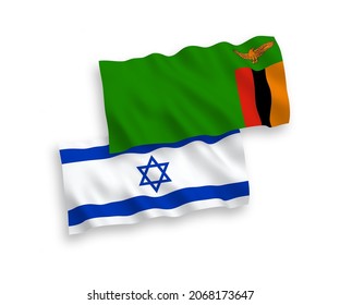 National vector fabric wave flags of Republic of Zambia and Israel isolated on white background. 1 to 2 proportion.
