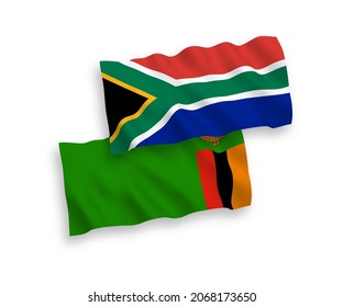 National vector fabric wave flags of Republic of Zambia and Republic of South Africa isolated on white background. 1 to 2 proportion.