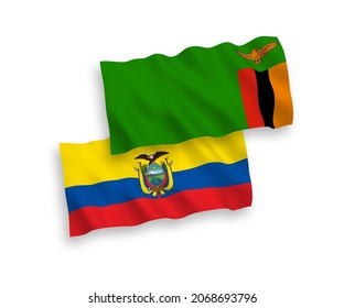 National vector fabric wave flags of Republic of Zambia and Ecuador isolated on white background. 1 to 2 proportion.