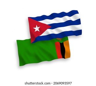 National vector fabric wave flags of Republic of Zambia and Cuba isolated on white background. 1 to 2 proportion.