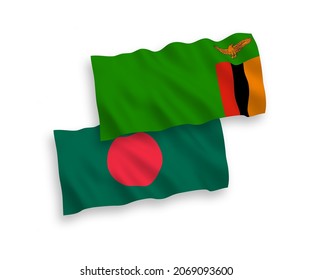 National vector fabric wave flags of Republic of Zambia and Bangladesh isolated on white background. 1 to 2 proportion.