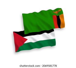 National vector fabric wave flags of Republic of Zambia and Palestine isolated on white background. 1 to 2 proportion.