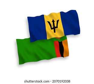 National vector fabric wave flags of Republic of Zambia and Barbados isolated on white background. 1 to 2 proportion.
