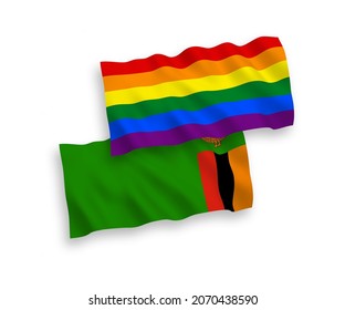 Nationale Vektor-Wellen-Flaggen der Republik Sambia und Rainbow-Gay-Stolz einzeln auf weißem Hintergrund. 1 bis 2 %.