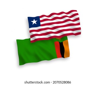 National vector fabric wave flags of Republic of Zambia and Liberia isolated on white background. 1 to 2 proportion.