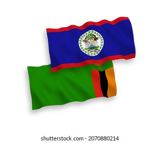 National vector fabric wave flags of Republic of Zambia and Belize isolated on white background. 1 to 2 proportion.