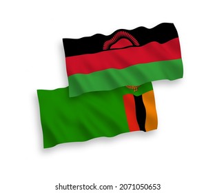 National vector fabric wave flags of Republic of Zambia and Malawi isolated on white background. 1 to 2 proportion.