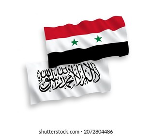 National vector fabric wave flags of Taliban and Syria isolated on white background. 1 to 2 proportion.