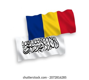 National vector fabric wave flags of Romania and Taliban isolated on white background. 1 to 2 proportion.
