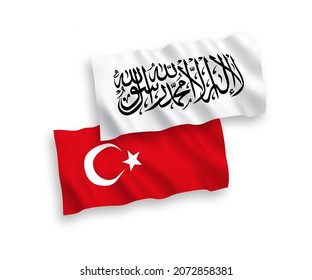 National vector fabric wave flags of Turkey and Taliban isolated on white background. 1 to 2 proportion.