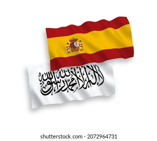 National vector fabric wave flags of Taliban and Spain isolated on white background. 1 to 2 proportion.