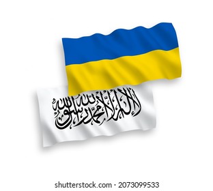 National vector fabric wave flags of Taliban and Ukraine isolated on white background. 1 to 2 proportion.