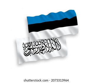 National vector fabric wave flags of Estonia and Taliban isolated on white background. 1 to 2 proportion.
