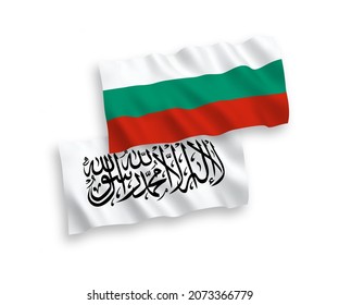 National vector fabric wave flags of Bulgaria and Taliban isolated on white background. 1 to 2 proportion.
