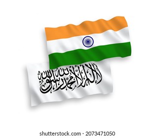 National vector fabric wave flags of India and Taliban isolated on white background. 1 to 2 proportion.