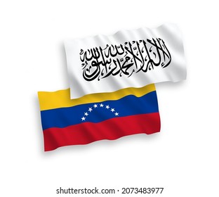 Banderas de la ola de tela vectorial nacional de Venezuela y los talibanes aislados en fondo blanco. de 1 a 2.