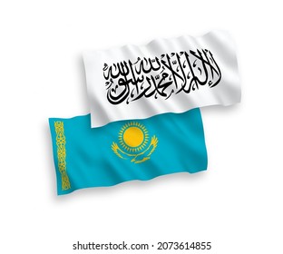Banderas nacionales de tela vectorial ondean banderas de Kazajistán y Talibán aisladas en fondo blanco. de 1 a 2.