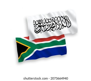 National vector fabric wave flags of Taliban and Republic of South Africa isolated on white background. 1 to 2 proportion.