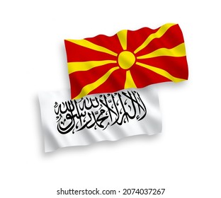 National vector fabric wave flags of Taliban and North Macedonia isolated on white background. 1 to 2 proportion.